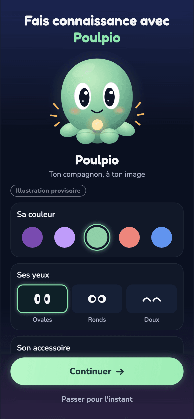 Anpassungsbildschirm: Farbe, Augenform und Accessoire von Poulpio